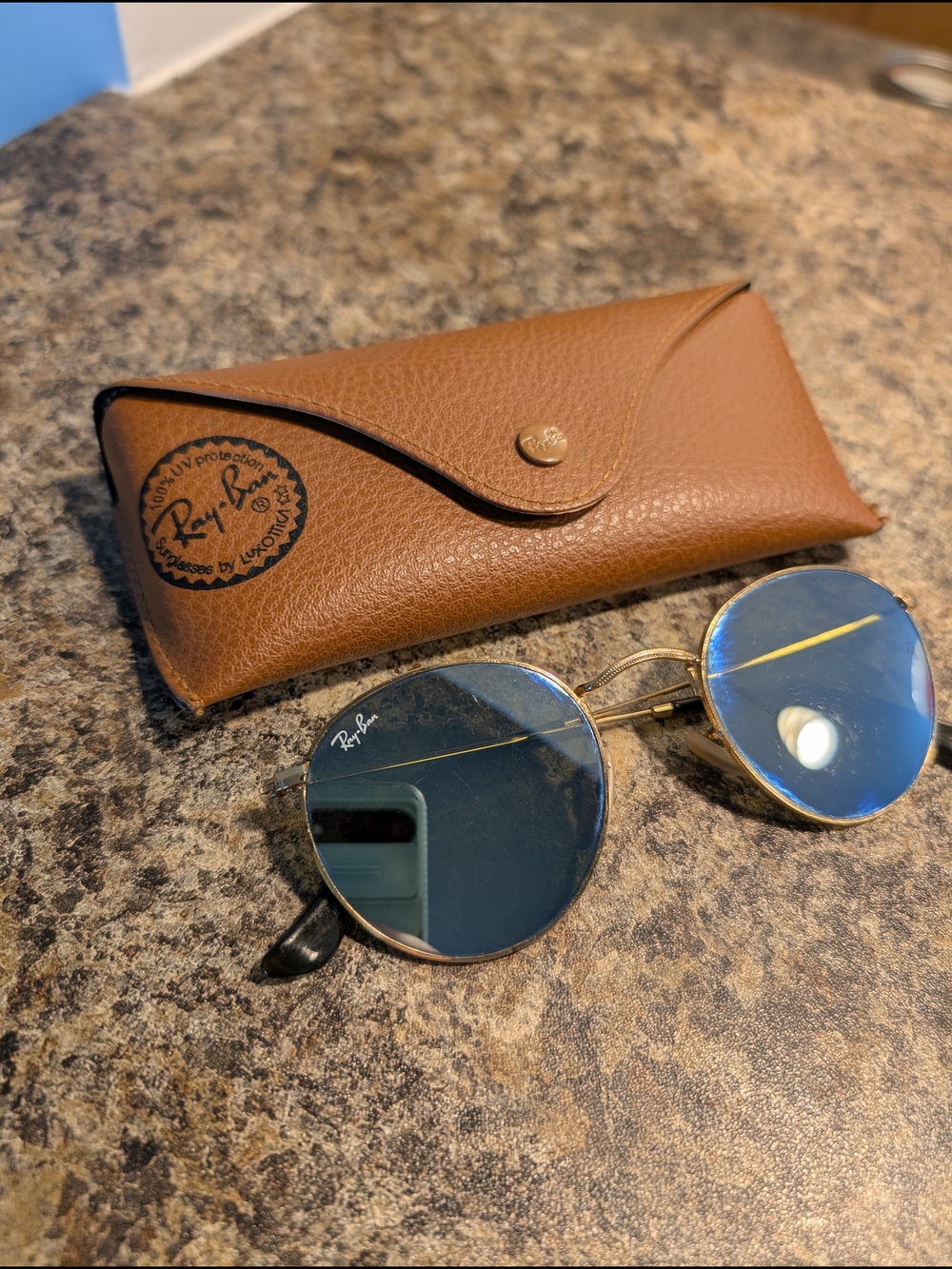 Ray-Ban Gold Frame Sunglasses with Blue Lenses